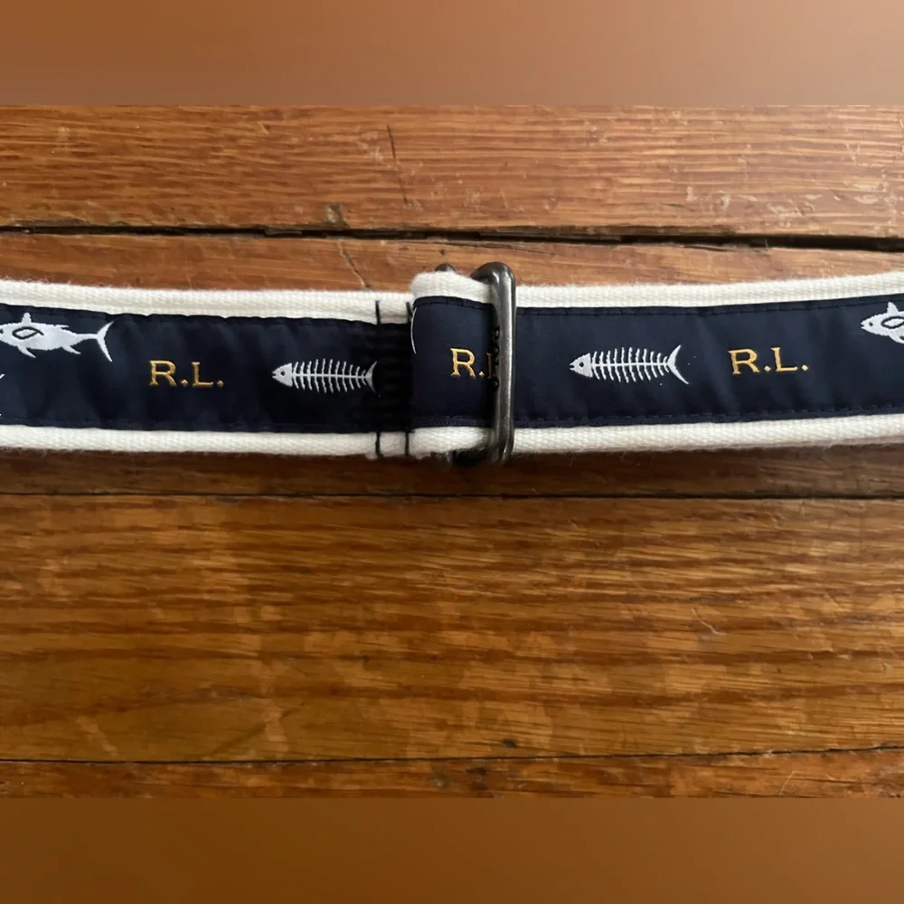 Polo by Ralph Lauren Navy and White Fish Motif Webbing Belt